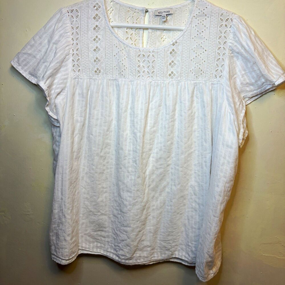 Ella Moss White Embroidered Cotton Woven Pullover Top Round Neck XXL